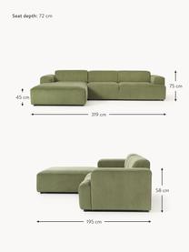 Canapé d'angle 4 places en velours côtelé Melva, Velours côtelé vert olive, larg. 319 x prof. 195 cm, méridienne à gauche