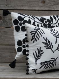 Kissenhülle Jungle mit Blätter-Motiv und Pompoms, 100% Baumwolle, Weiß, Schwarz, 30 x 50 cm