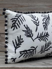 Kissenhülle Jungle mit Blätter-Motiv und Pompoms, 100% Baumwolle, Weiss, Schwarz, 30 x 50 cm