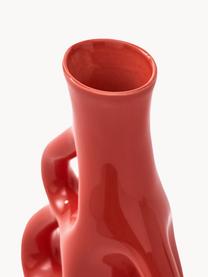Ručně vyrobená keramická váza Three Ears, V 21 cm, Glazovaná keramika, Korálově červená, Š 17 cm, V 21 cm