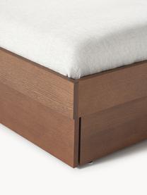 Drevená posteľ s úložným priestorom Sato, Drevotrieskové dosky s dubovou dyhou, drevovláknité dosky strednej hustoty (MDF) pokryté melamínom vo vzhľade orecha, masívne borovicové drevo

Tento výrobok je vyrobený z dreva pochádzajúceho z udržateľných zdrojov s certifikátom FSC®, Orechové drevo, Š 140 x D 200 cm