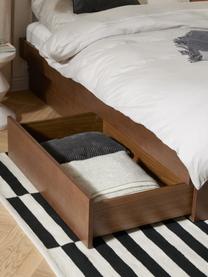 Houten bed Sato met opbergruimte, Frame: spaanplaat met eikenfinee, Poten: metaal, kunststof Dit pro, Walnoothout, B 140 x L 200 cm