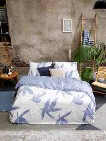 Pościel z bawełny Simple Leaves, Biały, niebieski, 155 x 220 cm + 1 poduszka 80 x 80 cm