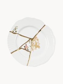 Designer porseleinen ontbijtbord Kintsugi, Decoratie: goudkleurig, Wit met bloemen en Japans drakenmotief, Ø 21 cm