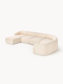 Sofá rinconera modular en tejido bouclé Sofia, Tapizado: tejido bouclé (100% polié, Estructura: madera de abeto, tablero , Patas: plástico Este producto es, Bouclé beige claro, An 404 x F 231 cm, chaise longue derecha