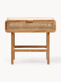 Teakhouten console Aising met rieten en glazen blad, Teakhoutkleurig, B 90 x D 35 cm