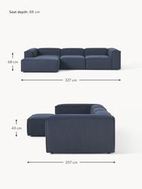 Modulares Ecksofa Lennon, Bezug: 100 % Polyester Der strap, Gestell: Massives Kiefernholz, Spe, Füße: Kunststoff Dieses Produkt, Webstoff Dunkelblau, B 327 x T 180 cm, Eckteil links