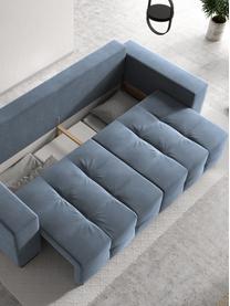 Divano letto 3 posti in velluto azzurro Uvite, Rivestimento: 100% velluto di poliester, Struttura: legno di pino massiccio, , Piedini: legno, Azzurro, Larg. 250 x Prof. 106 cm