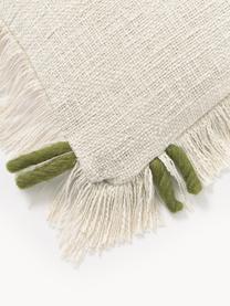 Housse de coussin artisanale 45x45 en coton avec franges Catalina, Beige clair, vert olive, larg. 45 x long. 45 cm