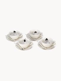 Set 4 tazzine da caffè dipinte a mano con piattino e cucchiaino Undressed, Porcellana, Bianco latte, Ø 10 x Alt. 6 cm, 220 ml