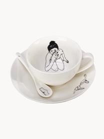 Ręcznie wykonany komplet filiżanek ze spodkami i łyżeczkami Undressed, 4 elem., Porcelana, Złamana biel, Ø 10 x W 6 cm, 220 ml