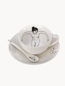 Sada ručně malovaných šálků na kávu s podšálky a lžičkami Undressed, 4 díly, Porcelán, Tlumeně bílá, Ø 10 cm, V 6 cm, 220 ml