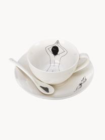 Tasses à café peintes à la main avec sous-tasses et cuillères Undressed, 12 élém., Porcelaine, Blanc cassé, Ø 10 x haut. 6 cm, 220 ml
