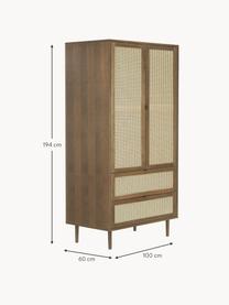 Armario pequeño con tejido vienés Aries, 2 puertas, Estructura: aglomerado con chapa de m, Patas: madera de roble maciza, Madera barnizada oscura, An 100 x Al 194 cm