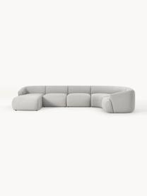 Sofá rinconera modular en tejido bouclé Sofia, Tapizado: tejido bouclé (100% polié, Estructura: madera de abeto, tablero , Patas: plástico Este producto es, Bouclé gris claro, An 404 x F 231 cm, chaise longue derecha