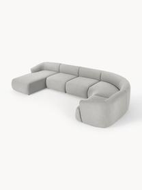 Sofá rinconera modular en tejido bouclé Sofia, Tapizado: tejido bouclé (100% polié, Estructura: madera de abeto, tablero , Patas: plástico Este producto es, Bouclé gris claro, An 404 x F 231 cm, esquina derecha