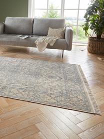 Tapis oriental rectangulaire bleu/beige à franges Estera, 40 % coton recyclé, 40 % polypropylène, 20 % recyclé polyester, Bleu, beige, blanc crème, gris, larg. 80 x long. 150 cm (taille XS)