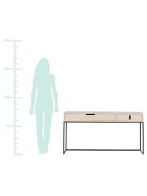 Wandtafel Silas met 2 lades, Frame: geborsteld essenhout, Frame: gelakt metaal, Handvatten: kunstleer, Essenhoutkleurig, zwart, B 140 x D 40 cm