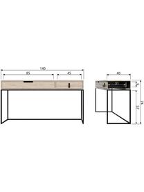 Wandtafel Silas met 2 lades, Frame: geborsteld essenhout, Frame: gelakt metaal, Handvatten: kunstleer, Essenhoutkleurig, zwart, B 140 x D 40 cm