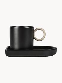 Tazas de café espresso con platitos de porcelana Niki, 2 uds., Porcelana, Negro, beige claro, Ø 6 x Al 6 cm, 80 ml