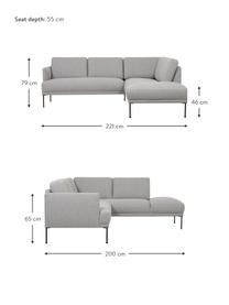 Sofa narożna Fluente, Tapicerka: 80% poliester, 20% ramia , Stelaż: lite drewno sosnowe z cer, Nogi: metal malowany proszkowo, Jasnoszara tkanina, S 221 x G 200 cm, lewostronna