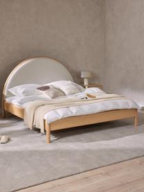 Letto in legno con testiera imbottita Sean, Struttura: legno massiccio di frassi, Piedini: legno massiccio di frassi, Tessuto beige, legno di frassino chiaro, Larg. 140 x Lung. 200 cm