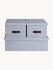 Set de cajas Inge, 3 uds., Caja: canvas, cartón macizo, Asa: cuero, Gris azulado, marrón, Set de diferentes tamaños