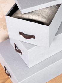 Set de cajas Inge, 3 uds., Caja: canvas, cartón macizo, Asa: cuero, Gris azulado, marrón, Set de diferentes tamaños
