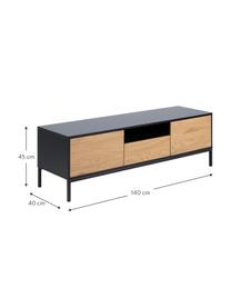 Mueble de TV de madera y metal Seaford, Estructura: tablero de fibras de dens, Patas: metal con pintura en polv, Roble, negro, An 140 x Al 45 cm