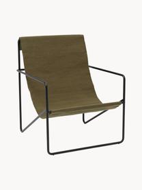 Fauteuil lounge Desert, Tissu vert olive, pieds noirs, larg. 63 x prof. 66 cm