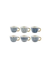 Gemusterte Espressotassen Masai mit goldenem Griff, 6er-Set, Steingut, Blau, Weiß, Goldfarbe, Ø 7 x H 5 cm