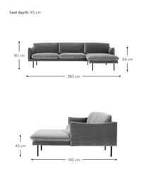 Sofá rinconera de terciopelo Moby, Tapizado: terciopelo (poliéster de , Estructura: madera de pino maciza, Patas: metal con pintura en polv, Terciopelo gris, An 280 x F 160 cm, chaise longue derecha