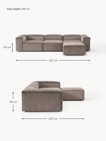 Modulares Sofa Lennon (4-Sitzer) aus Cord mit Hocker, Bezug: Cord (92 % Polyester, 8 %, Gestell: Massives Kiefernholz, Spe, Füße: Kunststoff Dieses Produkt, Cord Taupe, B 327 x T 207 cm