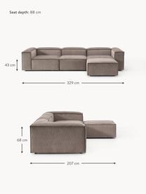 Modulares Sofa Lennon (4-Sitzer) aus Cord mit Hocker, Bezug: Cord (92 % Polyester, 8 %, Gestell: Massives Kiefernholz, Spe, Cord Taupe, B 329 x T 207 cm