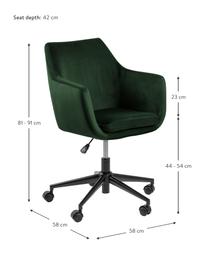 Fauteuil de bureau en velours Nora, hauteur ajustable, Vert forêt, noir, larg. 58 x prof. 58 cm