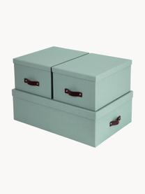Set de cajas Inge, 3 uds., Caja: canvas, cartón macizo, Asa: cuero, Verde salvia, Set de diferentes tamaños