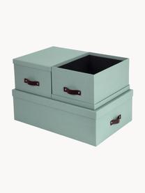 Set de cajas Inge, 3 uds., Caja: canvas, cartón macizo, Asa: cuero, Verde salvia, Set de diferentes tamaños