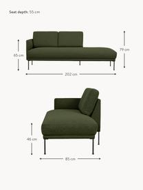 Chaise longue con piedini in metallo Fluente, Rivestimento: 100% poliestere Con 40.00, Struttura: legno di pino massiccio, , Piedini: metallo verniciato a polv, Tessuto verde scuro, Larg. 202 x Prof. 85 cm, schienale a sinistra