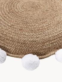 Coussin décoratif rond jute à pompons Fiko, Beige, blanc, Ø 40 cm