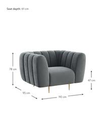 Sillón de terciopelo Shel, Tapizado: 100% terciopelo de poliés, Asiento: muelles ondulados, espuma, Estructura: madera dura, madera bland, Patas: metal recubierto, Terciopelo gris oscuro, patas latón, An 110 x F 95 cm