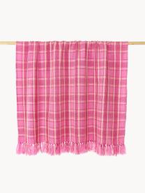 Geruite plaid Orla met franjes, Acryl, Roze, lichtgroen, B 130 x L 170 cm