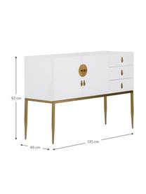 Dressoir Classy in wit hoogglans, Frame: gelakt MDF, Frame: hoogglanzend wit. Beslag en poten: goudkleurig, 135 x 92 cm