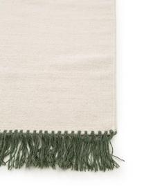 Tapis de couloir en laine tissé à la main avec franges Gitta, 90 % laine, 10 % coton

Les tapis en laine peuvent perdre des fibres lors des premières semaines et des peluches peuvent se former, ce phénomène est naturel et diminue à mesure de votre usage et du temps, Blanc cassé, vert foncé, larg. 70 x long. 200 cm