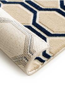 Vloerkleed Diamond Key met hoog-laag effect in donkerblauw-beige, Bovenzijde: polypropyleen, Onderzijde: 70% jute, 30% kunstlatex, Donkerblauw, beige, B 240 x L 340 cm (Maat XL)