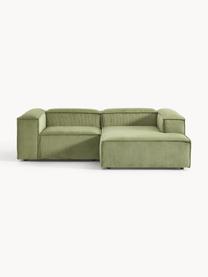 Sofá rinconera modular de pana Lennon, Tapizado: pana (92% poliéster, 8% p, Estructura: madera de pino maciza, ma, Patas: plástico Este producto es, Pana verde oliva, An 238 x F 180 cm, chaise longue derecha