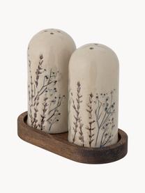 Handgemaakte zout- en peperstrooier Bea met grasmotief en houten plankje, set van 3, Plank: acaciahout, Lichtbeige, donker hout, Ø 6 x H 11 cm