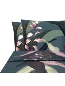 Set lenzuola in raso di cotone blu scuro Flora, Multicolore, grigio, 240 x 300 cm + 2 federe 50 x 80 cm