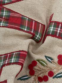 Funda de cojín bordada Wreath, 100% algodón, Beige, rojo, verde. Ribete: rojo, An 45 x L 45 cm