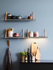 Wandplank Shelfie, Plank: gepoedercoat metaal, Riemen: leer, Grijs, bruin, 50 x 23 cm