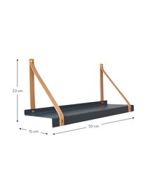 Wandplank Shelfie, Plank: gepoedercoat metaal, Riemen: leer, Grijs, bruin, 50 x 23 cm